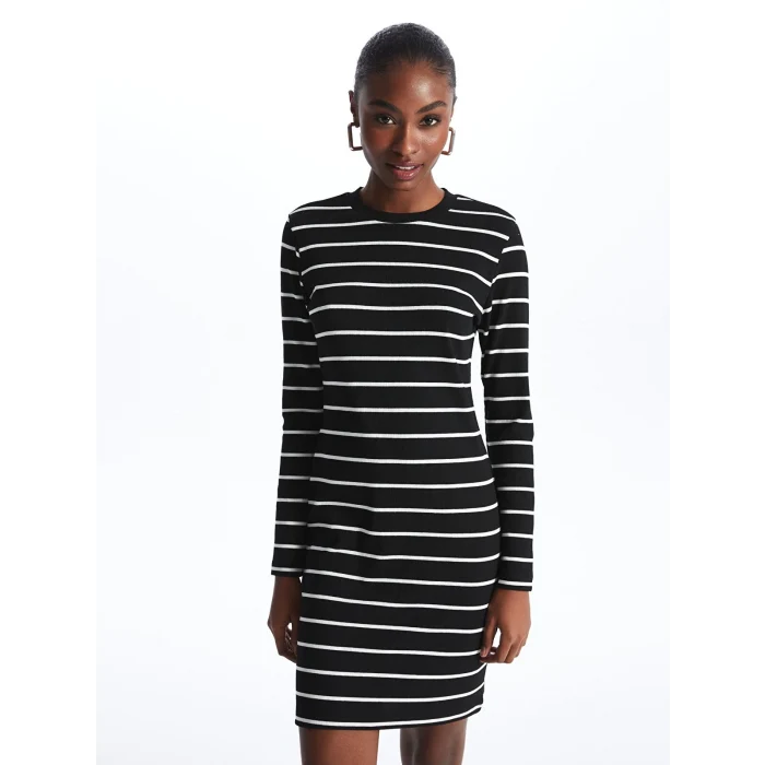 LCW Vision SİYAH Bisiklet Yaka Çizgili Uzun Kollu Kadın Elbise