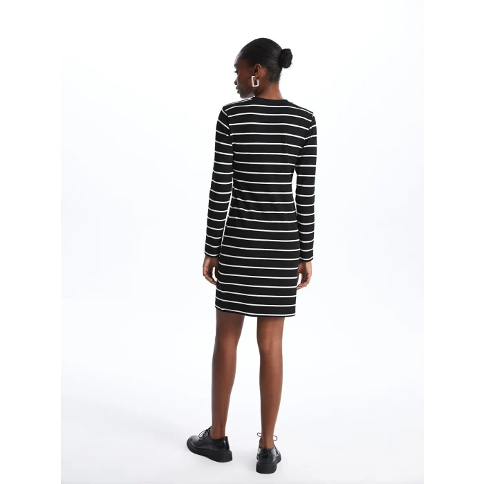 LCW Vision SİYAH Bisiklet Yaka Çizgili Uzun Kollu Kadın Elbise