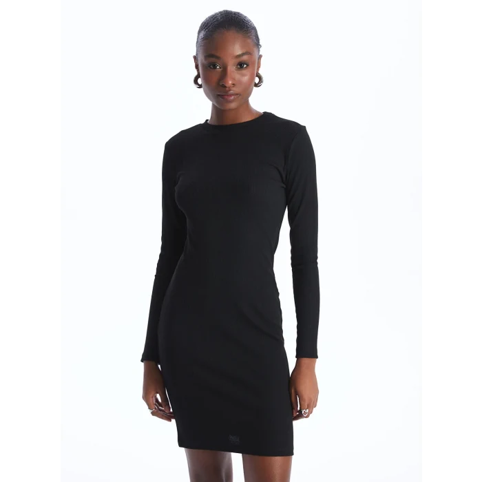 LCW Vision SİYAH Bisiklet Yaka Düz Uzun Kollu Kadın Elbise