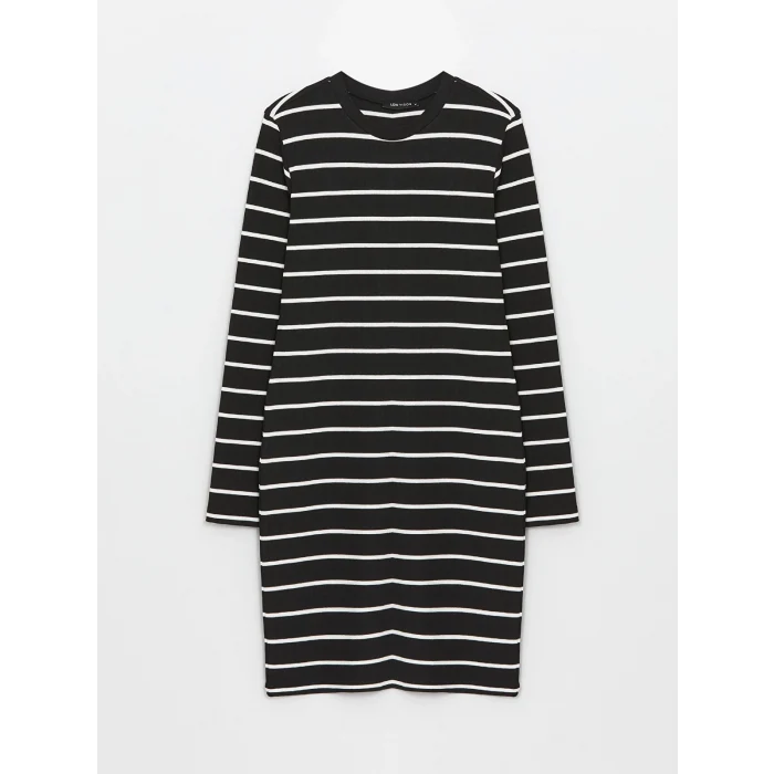 LCW Vision SİYAH Bisiklet Yaka Çizgili Uzun Kollu Kadın Elbise