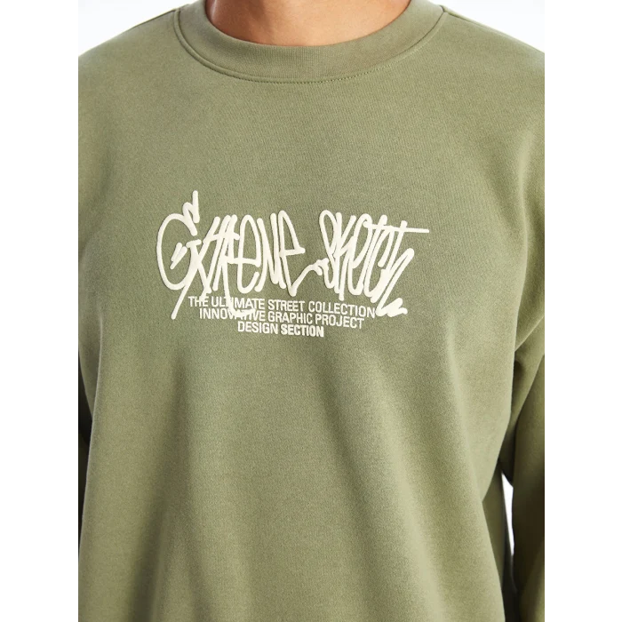 XSIDE YEŞİL Bisiklet Yaka Uzun Kollu Baskılı Erkek Kalın Sweatshirt