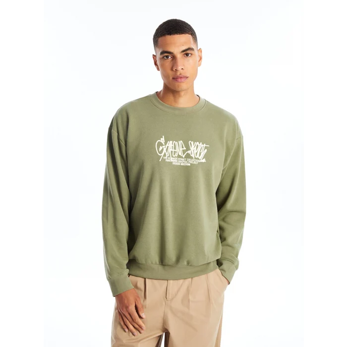 XSIDE YEŞİL Bisiklet Yaka Uzun Kollu Baskılı Erkek Kalın Sweatshirt