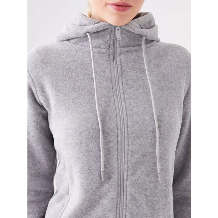 LCWAIKIKI Basic GRİ Kapüşonlu Düz Uzun Kollu Kadın Fermuarlı Sweatshirt