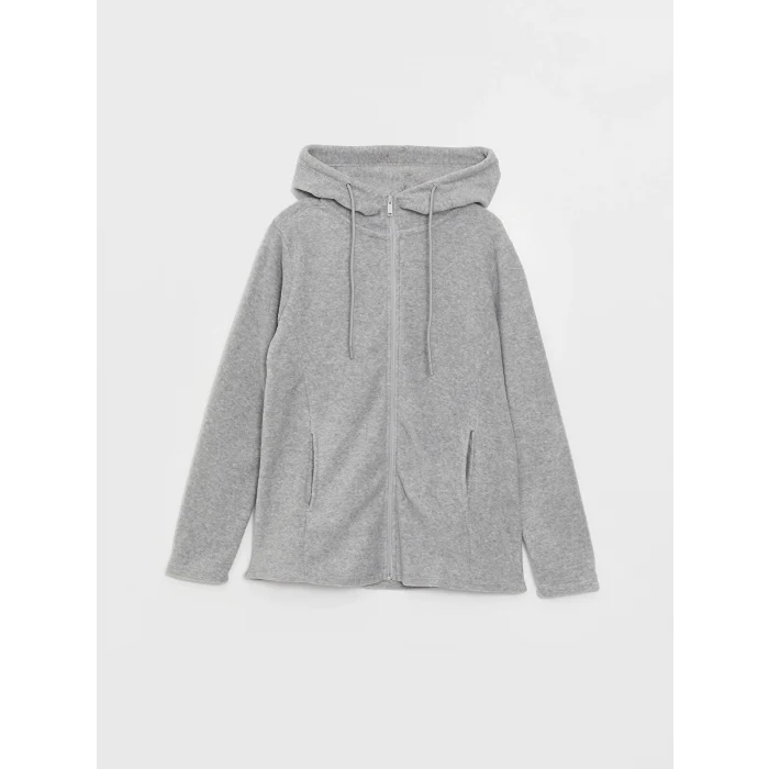 LCWAIKIKI Basic GRİ Kapüşonlu Düz Uzun Kollu Kadın Fermuarlı Sweatshirt