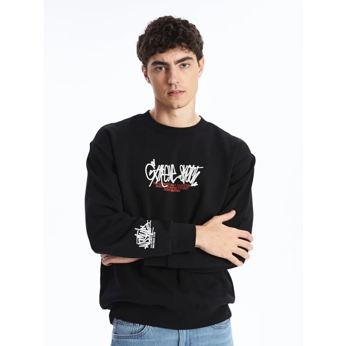 XSIDE SİYAH Bisiklet Yaka Uzun Kollu Baskılı Erkek Kalın Sweatshirt