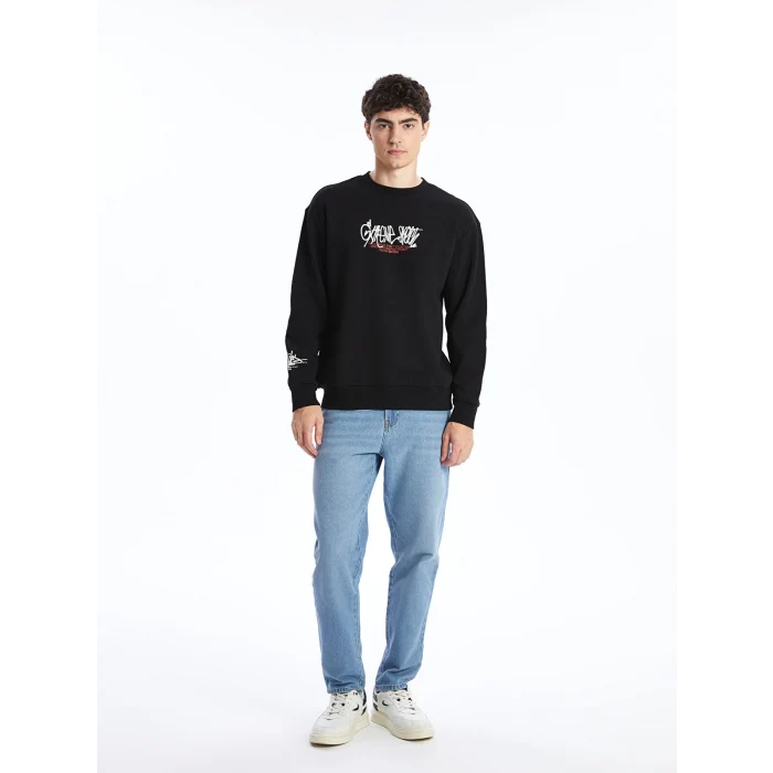 XSIDE SİYAH Bisiklet Yaka Uzun Kollu Baskılı Erkek Kalın Sweatshirt