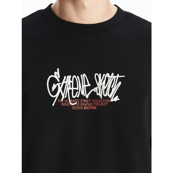 XSIDE SİYAH Bisiklet Yaka Uzun Kollu Baskılı Erkek Kalın Sweatshirt