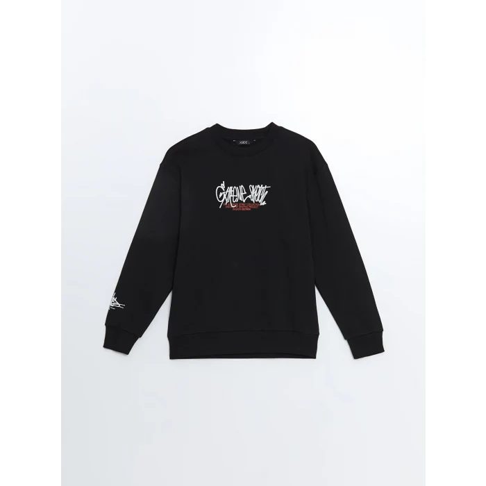 XSIDE SİYAH Bisiklet Yaka Uzun Kollu Baskılı Erkek Kalın Sweatshirt