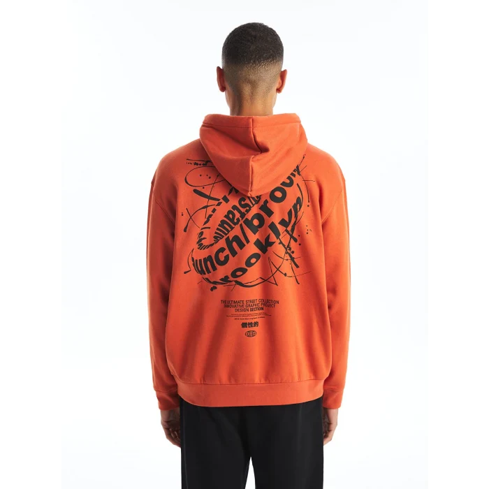 XSIDE TURUNCU Uzun Kollu Baskılı Erkek Kalın Hoodie