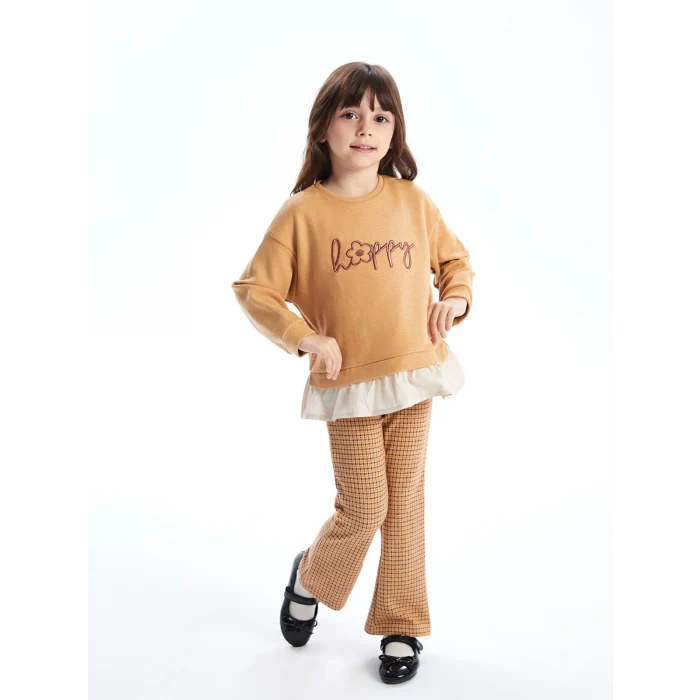 LCW Kids BEJ Bisiklet Yaka Nakışlı Kız Çocuk Sweatshirt ve Tayt 2li