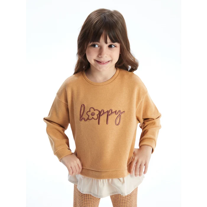 LCW Kids BEJ Bisiklet Yaka Nakışlı Kız Çocuk Sweatshirt ve Tayt 2li
