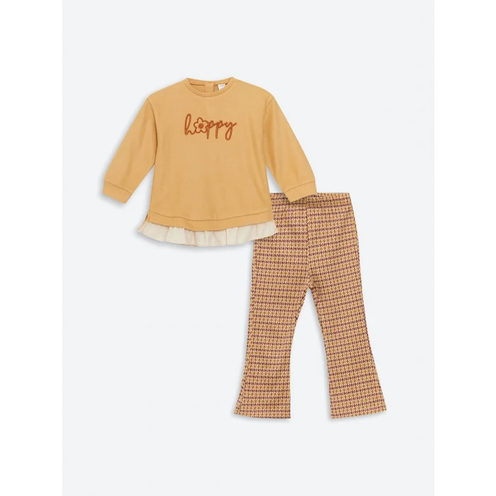 LCW Kids BEJ Bisiklet Yaka Nakışlı Kız Çocuk Sweatshirt ve Tayt 2li