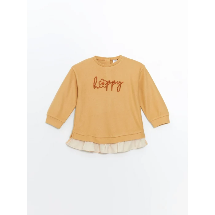 LCW Kids BEJ Bisiklet Yaka Nakışlı Kız Çocuk Sweatshirt ve Tayt 2li