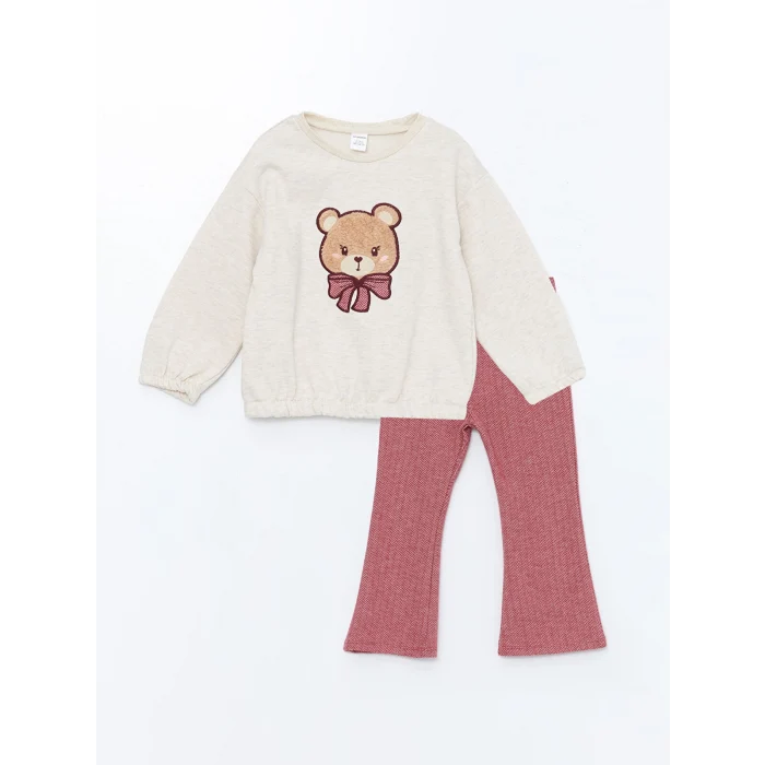 LCW Kids BEJ Bisiklet Yaka Uzun Kollu Nakışlı Kız Çocuk Sweatshirt ve Tayt 2li Takım