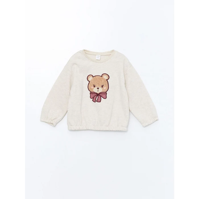 LCW Kids BEJ Bisiklet Yaka Uzun Kollu Nakışlı Kız Çocuk Sweatshirt ve Tayt 2li Takım