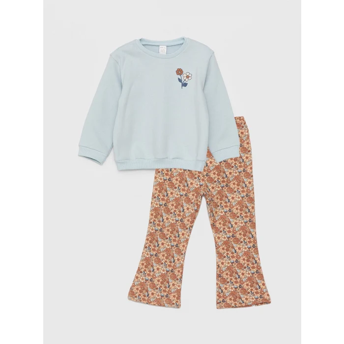 LCW baby MAVİ Bisiklet Yaka Uzun Kollu Kız Bebek Sweatshirt ve Tayt 2li Takım