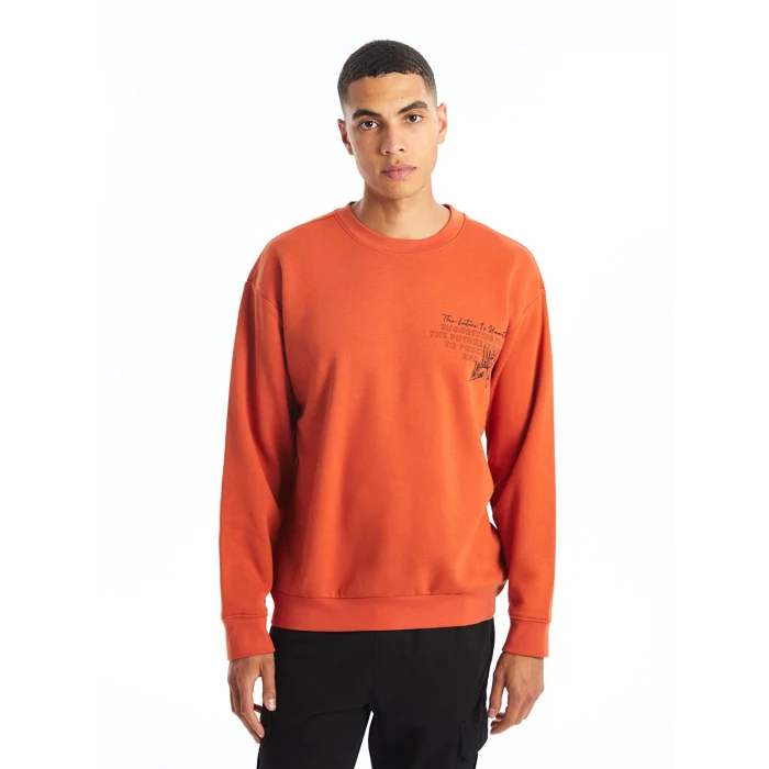 LCW Casual TURUNCU Bisiklet Yaka Uzun Kollu Baskılı Erkek Kalın Sweatshirt