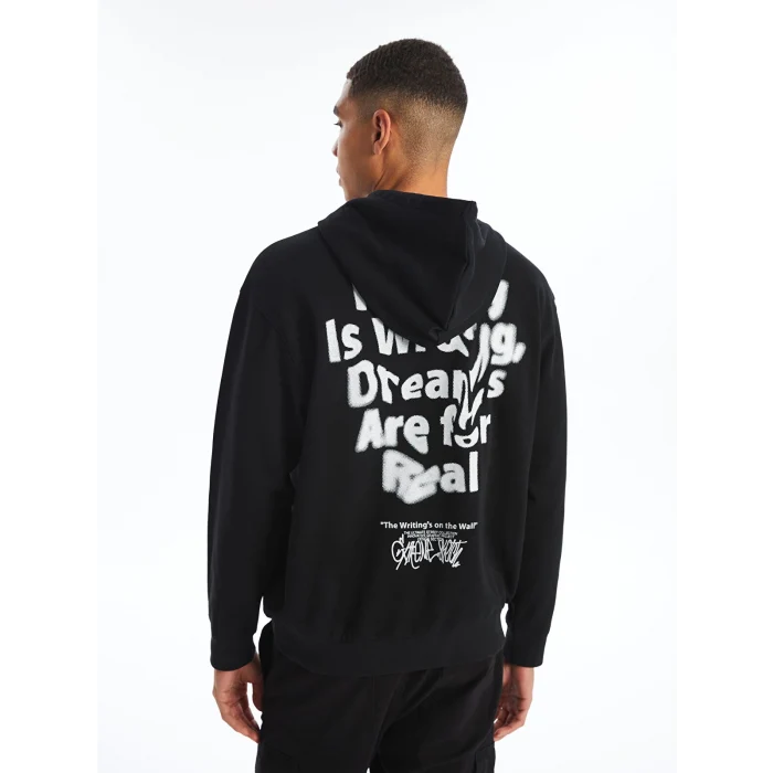 XSIDE SİYAH Uzun Kollu Baskılı Erkek Kalın Hoodie
