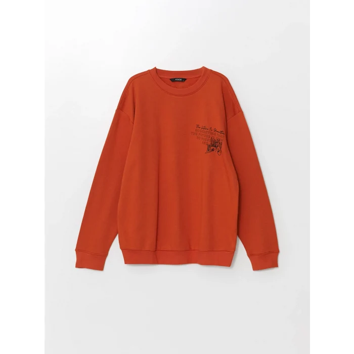 LCW Casual TURUNCU Bisiklet Yaka Uzun Kollu Baskılı Erkek Kalın Sweatshirt