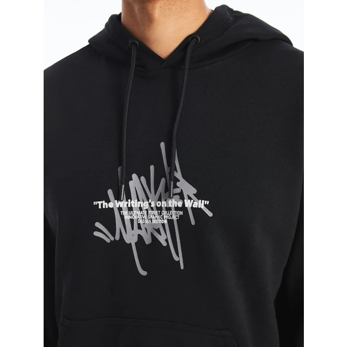 XSIDE SİYAH Uzun Kollu Baskılı Erkek Kalın Hoodie