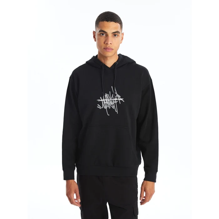 XSIDE SİYAH Uzun Kollu Baskılı Erkek Kalın Hoodie