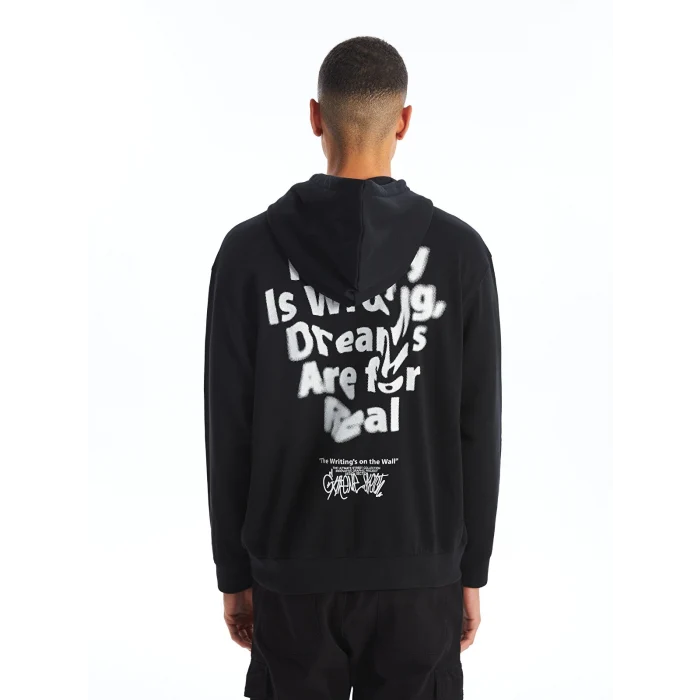 XSIDE SİYAH Uzun Kollu Baskılı Erkek Kalın Hoodie