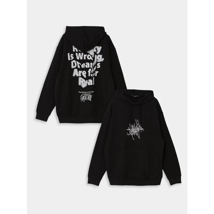 XSIDE SİYAH Uzun Kollu Baskılı Erkek Kalın Hoodie