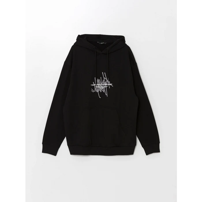 XSIDE SİYAH Uzun Kollu Baskılı Erkek Kalın Hoodie