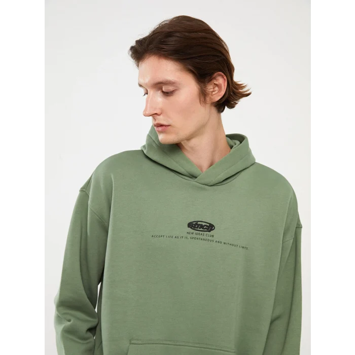 LCW Casual YEŞİL Uzun Kollu Baskılı Erkek Kalın Hoodie