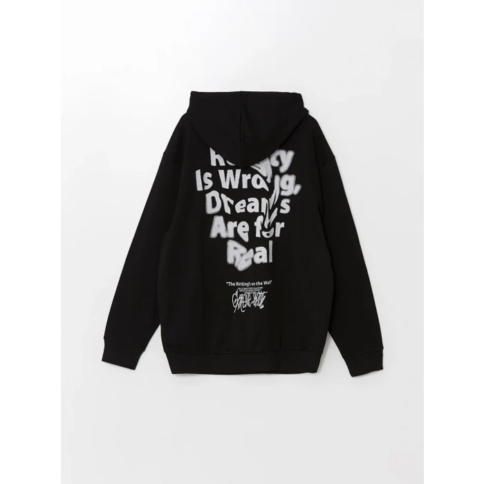 XSIDE SİYAH Uzun Kollu Baskılı Erkek Kalın Hoodie