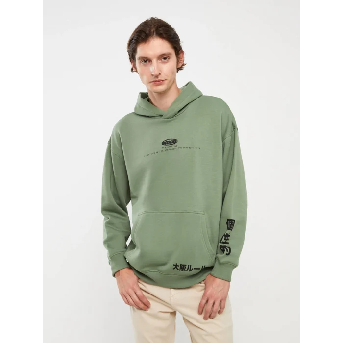 LCW Casual YEŞİL Uzun Kollu Baskılı Erkek Kalın Hoodie