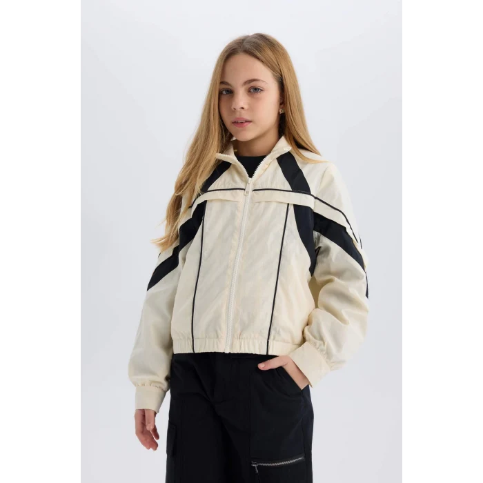 Defacto D6936 Ekru Kız Çocuk Su İtici Kapüşonlu Fermuarlı Cepli Yağmurluk