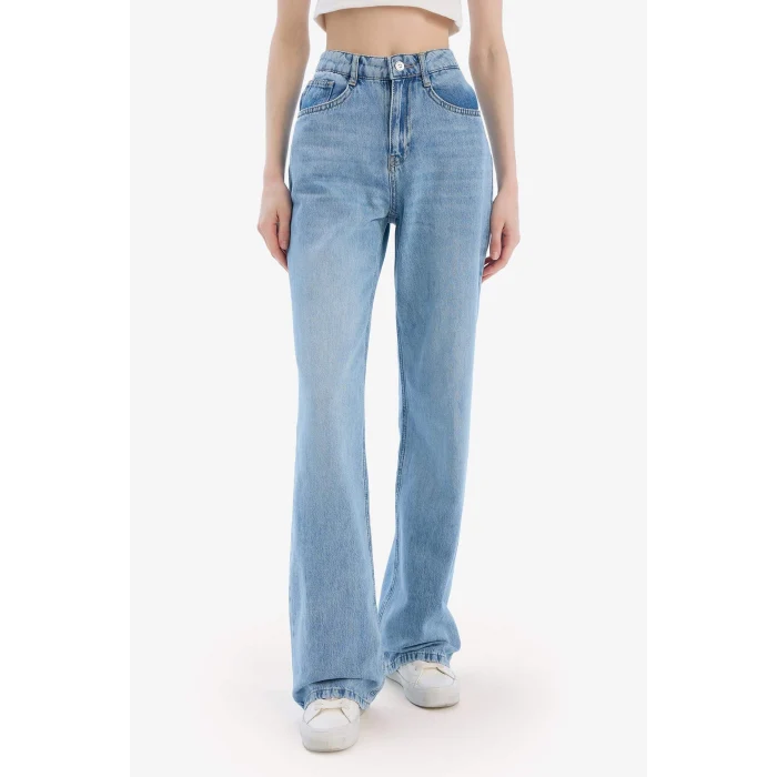 Defacto E3190 Mavi Straight Wide Yüksek Bel Uzun Jean Yıkamalı Pantolon