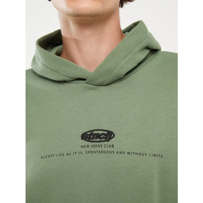 LCW Casual YEŞİL Uzun Kollu Baskılı Erkek Kalın Hoodie