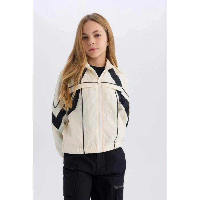 Defacto D6936 Ekru Kız Çocuk Su İtici Kapüşonlu Fermuarlı Cepli Yağmurluk