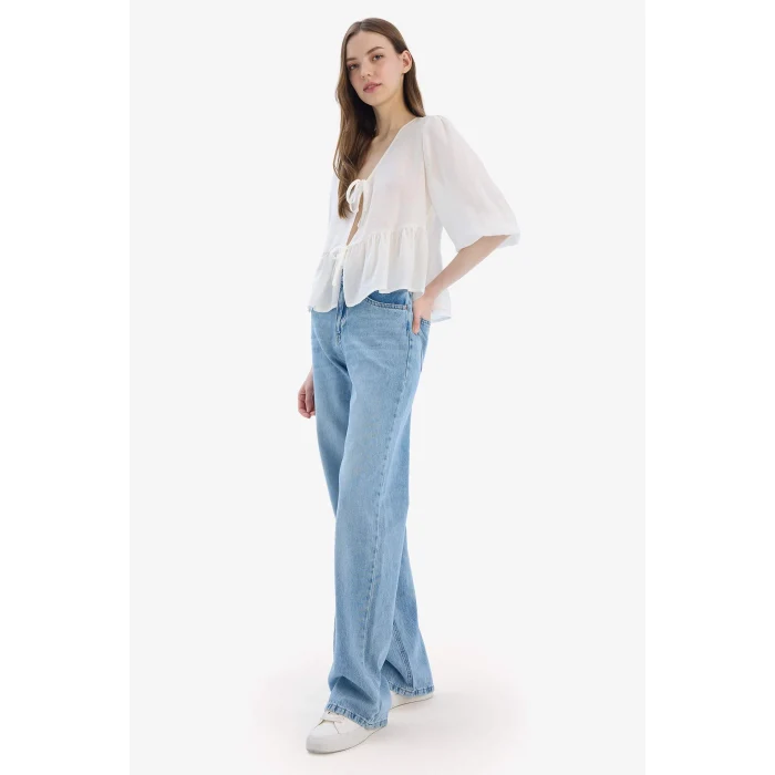 Defacto E3190 Mavi Straight Wide Yüksek Bel Uzun Jean Yıkamalı Pantolon