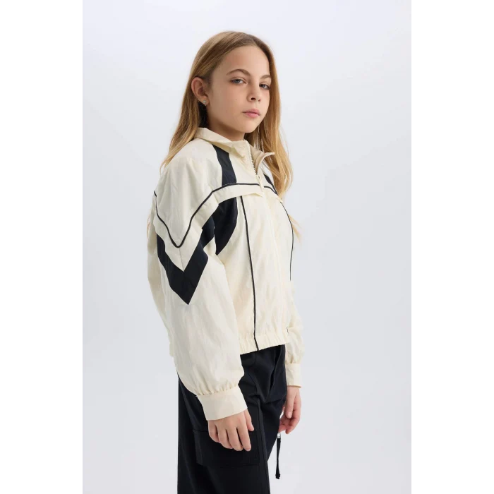 Defacto D6936 Ekru Kız Çocuk Su İtici Kapüşonlu Fermuarlı Cepli Yağmurluk