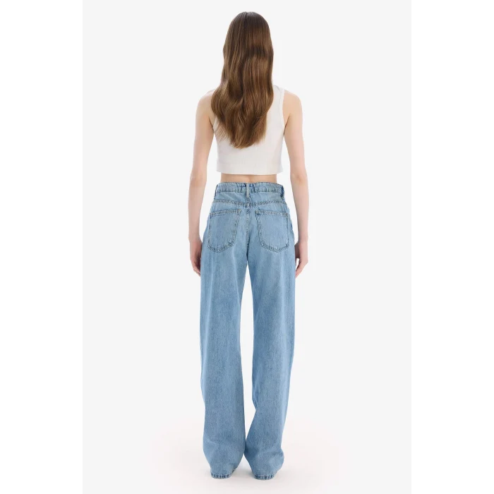 Defacto E3190 Mavi Straight Wide Yüksek Bel Uzun Jean Yıkamalı Pantolon