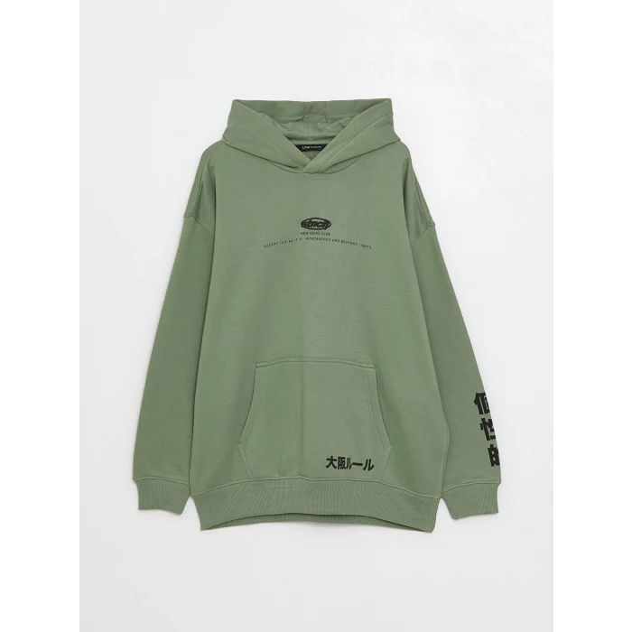 LCW Casual YEŞİL Uzun Kollu Baskılı Erkek Kalın Hoodie