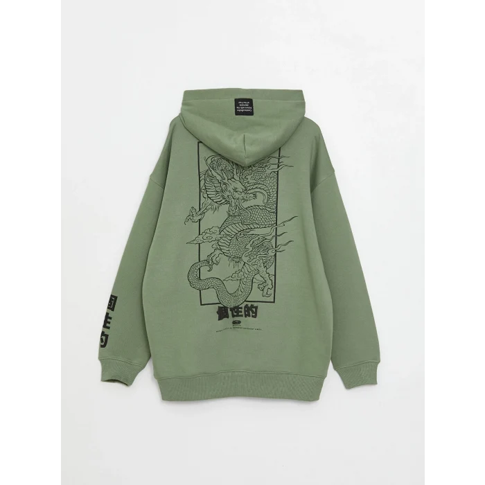LCW Casual YEŞİL Uzun Kollu Baskılı Erkek Kalın Hoodie