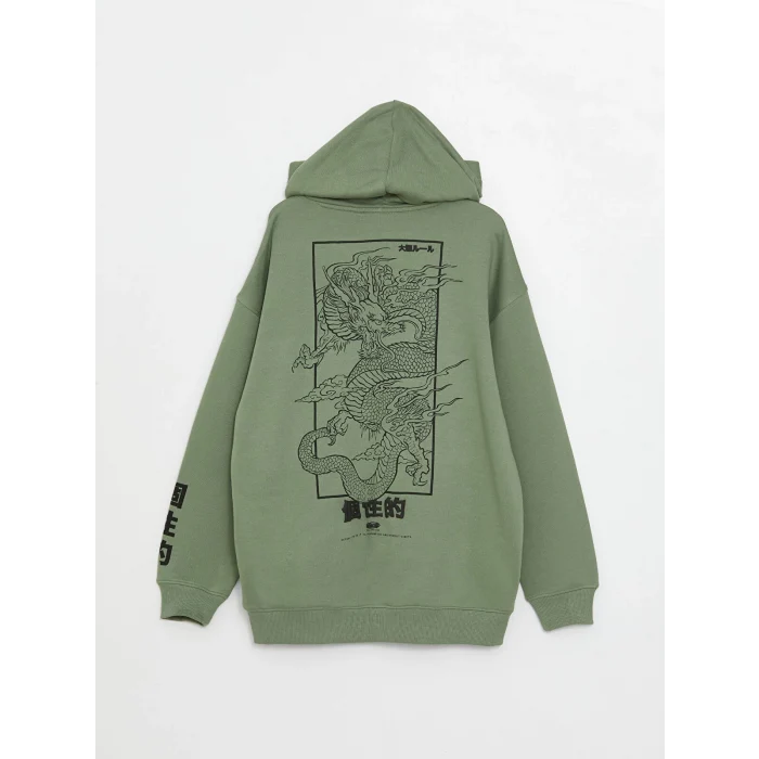 LCW Casual YEŞİL Uzun Kollu Baskılı Erkek Kalın Hoodie