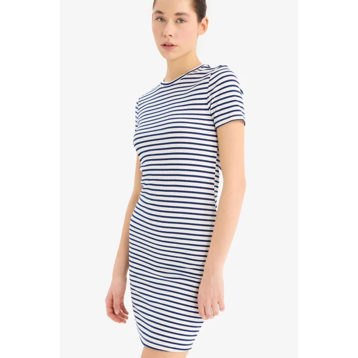 Defacto C1733 Lacivert Coool Bodycon Vücudu Saran Bisiklet Yaka Çizgili Fitilli Kaşkorse Kısa Kollu Mini Elbise