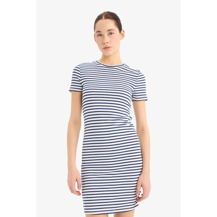 Defacto C1733 Lacivert Coool Bodycon Vücudu Saran Bisiklet Yaka Çizgili Fitilli Kaşkorse Kısa Kollu Mini Elbise