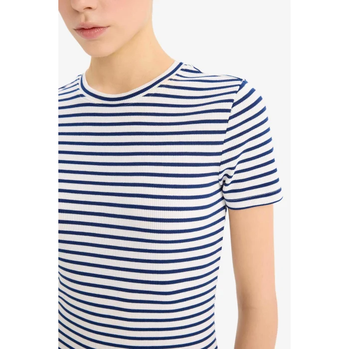 Defacto C1733 Lacivert Coool Bodycon Vücudu Saran Bisiklet Yaka Çizgili Fitilli Kaşkorse Kısa Kollu Mini Elbise