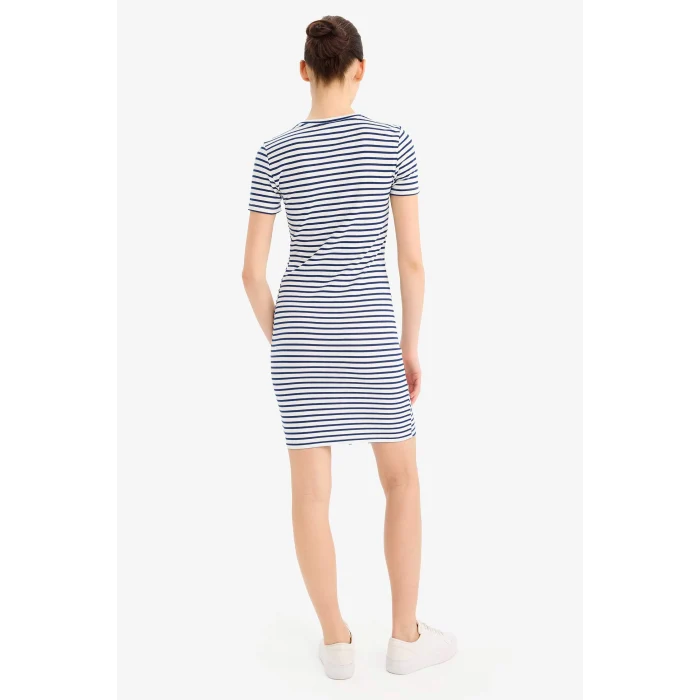 Defacto C1733 Lacivert Coool Bodycon Vücudu Saran Bisiklet Yaka Çizgili Fitilli Kaşkorse Kısa Kollu Mini Elbise