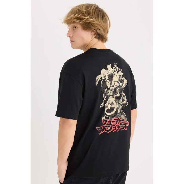 Defacto D6780 Siyah Marvel Boxy Fit Bisiklet Yaka Sırt Baskılı Kısa Kollu Tişört