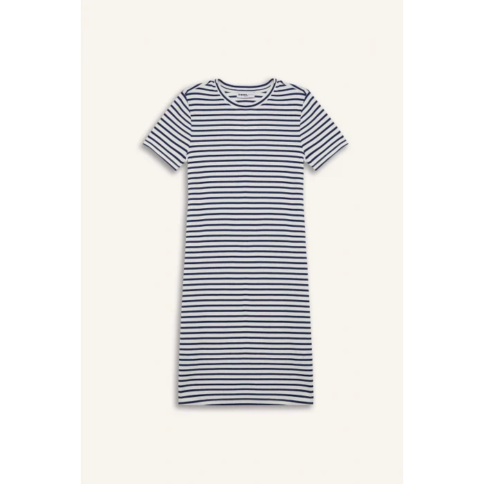 Defacto C1733 Lacivert Coool Bodycon Vücudu Saran Bisiklet Yaka Çizgili Fitilli Kaşkorse Kısa Kollu Mini Elbise