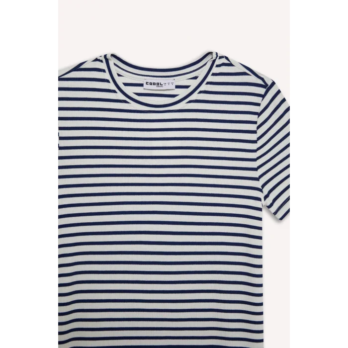 Defacto C1733 Lacivert Coool Bodycon Vücudu Saran Bisiklet Yaka Çizgili Fitilli Kaşkorse Kısa Kollu Mini Elbise