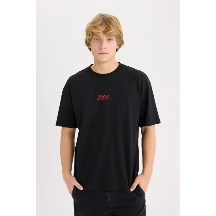 Defacto D6780 Siyah Marvel Boxy Fit Bisiklet Yaka Sırt Baskılı Kısa Kollu Tişört