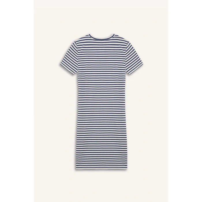 Defacto C1733 Lacivert Coool Bodycon Vücudu Saran Bisiklet Yaka Çizgili Fitilli Kaşkorse Kısa Kollu Mini Elbise